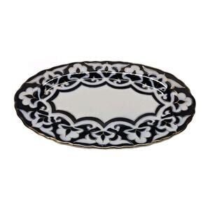 Vintage Oval Platter Uzbek Cotton Flower Design Porcelain Plate Blue Gold Rim
